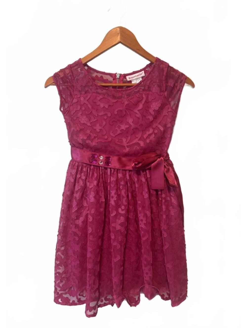American Girl Size 10 Magenta Pink Lace Appliqué Party Dress Satin Bow Gem Belt